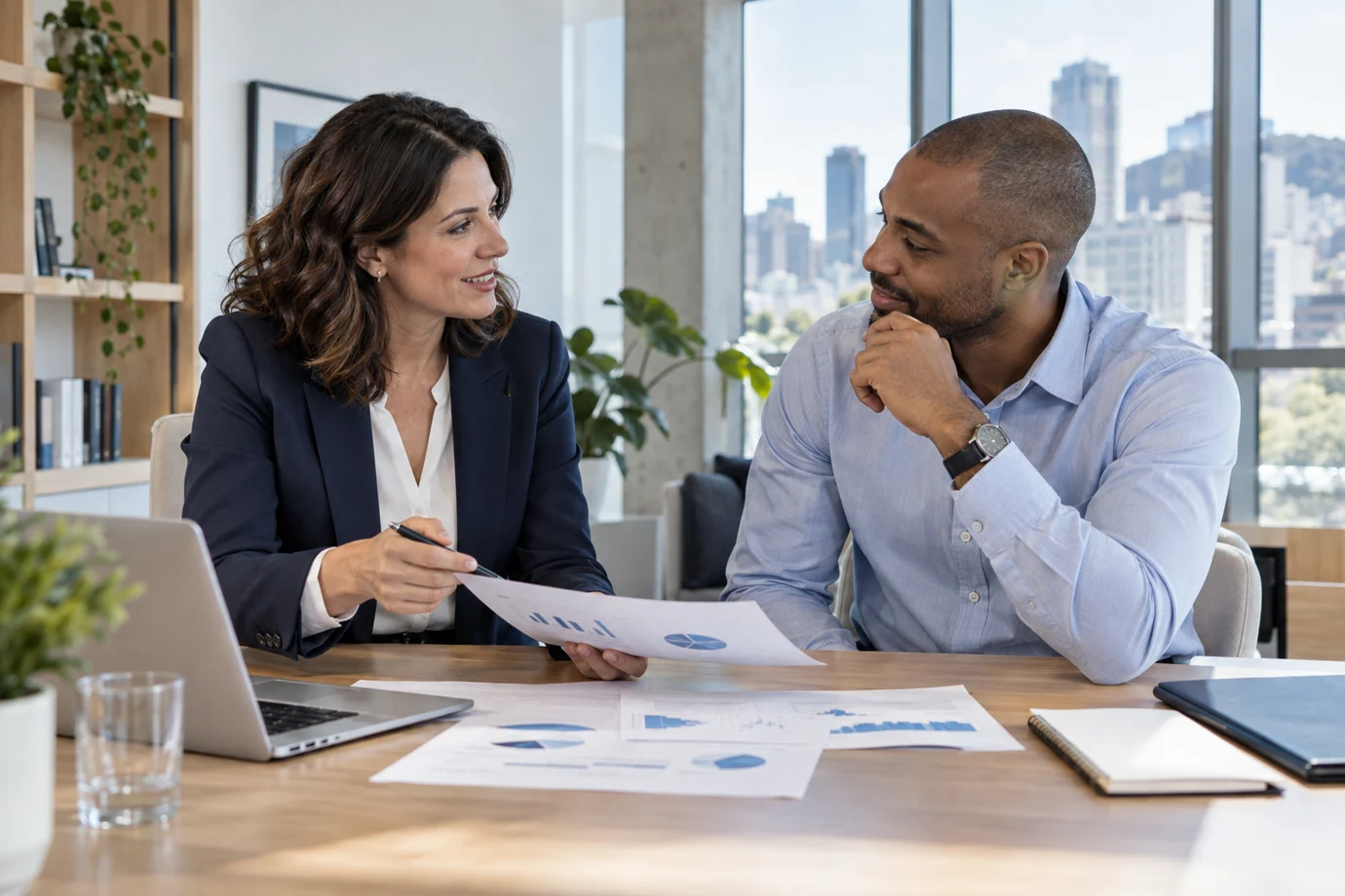 Illustration d’une consultation comptable dans un bureau lumineux